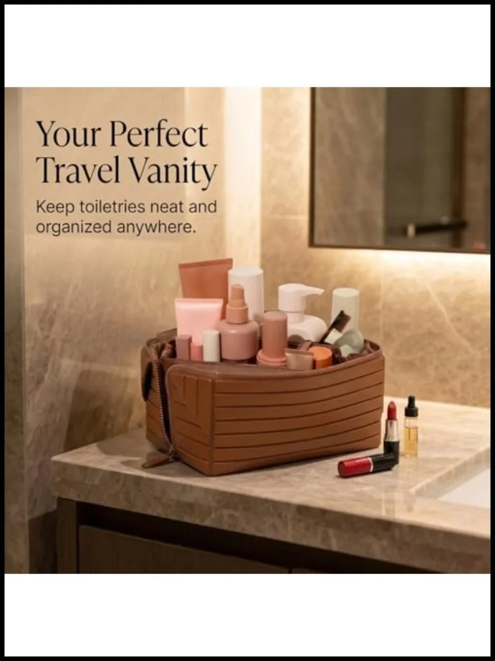 Large Capacity Fold Down Cosmetic Bag, Waterproof PU Leather Pull Open Toiletry